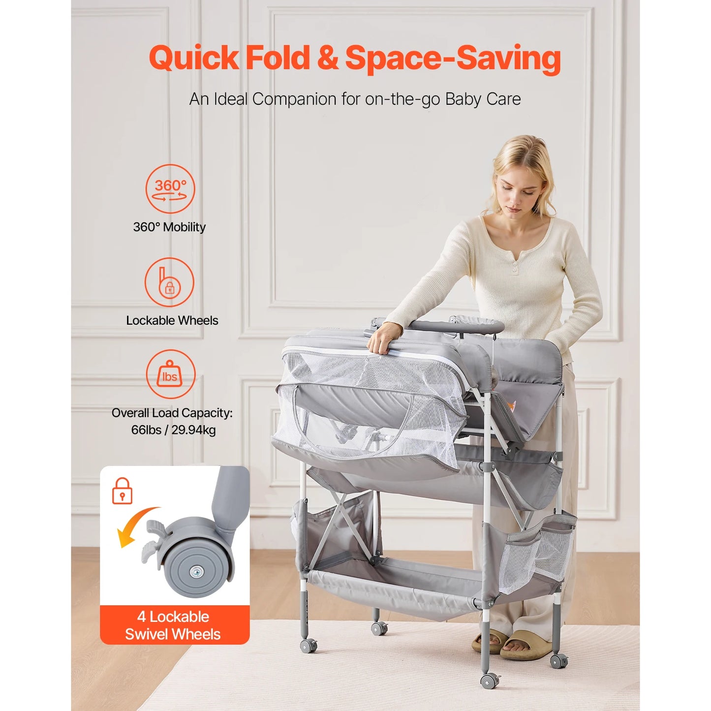 SucceBuy Baby Changing Table Foldable Diaper Change Station with 2 Fabric Drawers Side Basket & Hanging Rod Adjustable Height