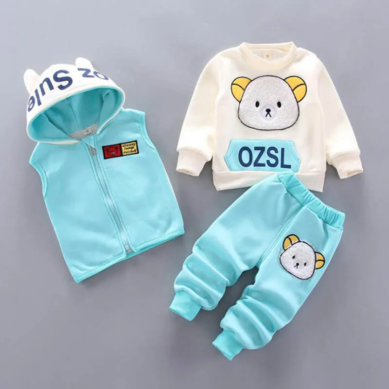 3PCS Baby Boys & Girls Clothing Set – Thicken Fleece Toddler Outfits with Hooded Outerwear, Tops & Pants (Warm Costume Suit)