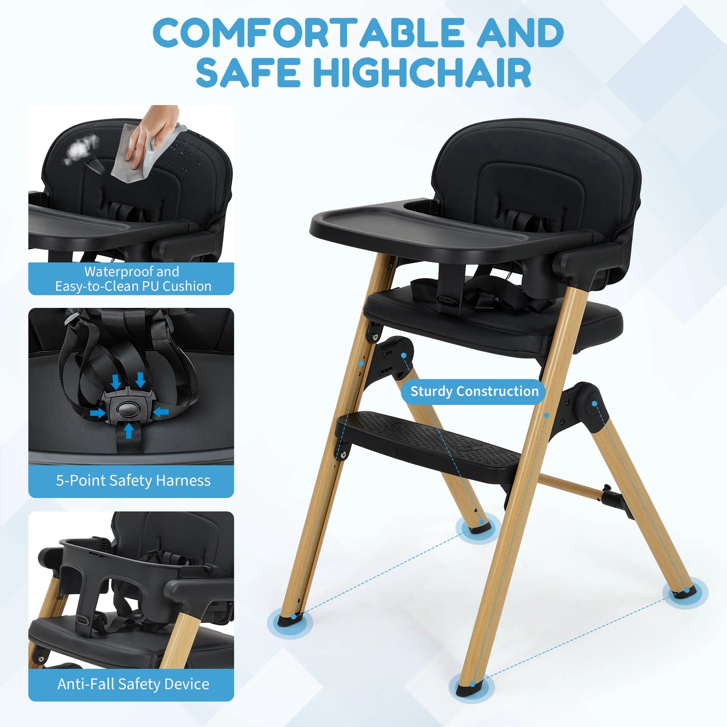 Baby High Chair for Babies Toddlers, Foldable Portable Highchair, Toddler Feeding Seat, Easy Clean Waterproof Cushion, Removable Tray, Adjustable Footrest, Black Wood Grain Legs