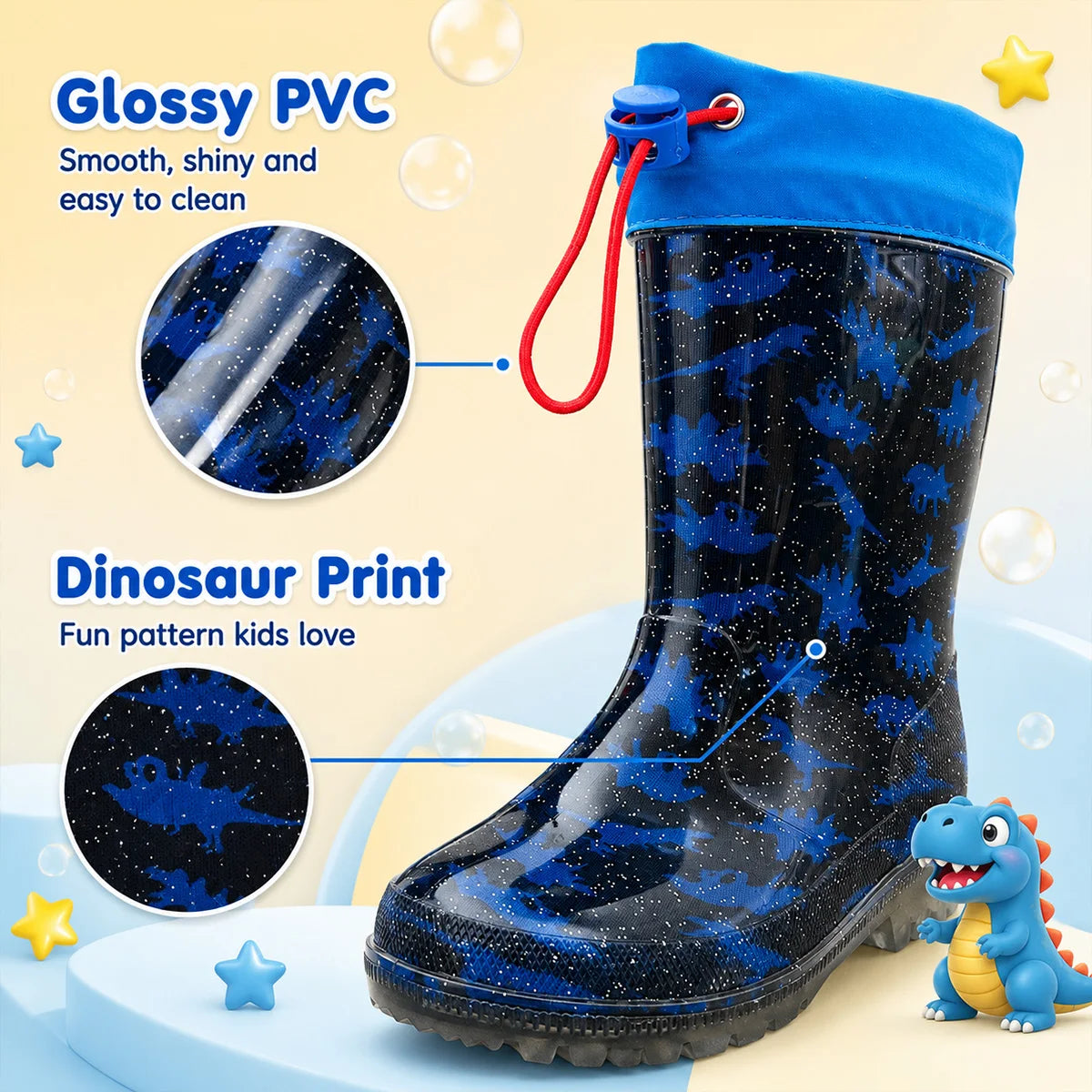Kids Dinosaur Glitter Rain Boots Drawstring Waterproof Anti-slip Comfort Flexible Boys Outdoor Rain Wellies
