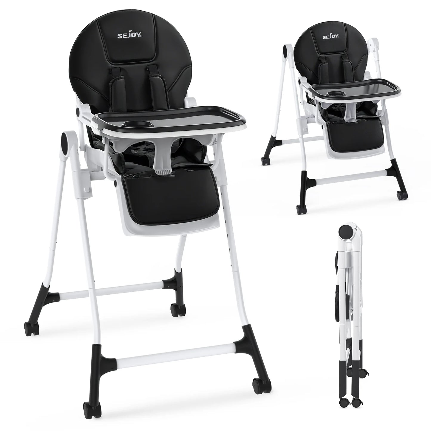 Sejoy Baby High Chair Adjustable with 5-Point Harness 3-Tier Tray & Wheels CE/CPC Certified Children's Dining Chair