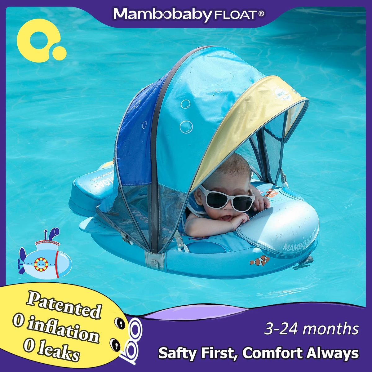 Mambobaby Float Safe Solid Core Safe Harness Technology ST:  Sea 3-24 Month B503-95-W-Z Air-Free Chest Float with Sunshade Canopy  Baby Swim Ring Toddler Pool Float Infant Water Ring Infant Swimming Float 1Years Boy Girl