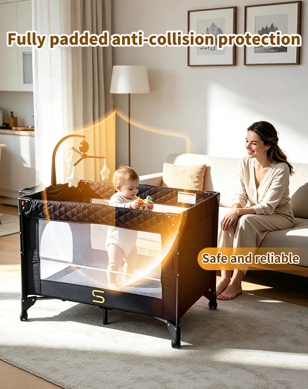 Steanny Pack N Play, All-in-one Playard with Bassinet, Pack and Play, Bedside Sleeper Foldable Travel Cribs with 4 Wheels, Changing Table, Mosquito Net, Toys Bars with Music, Unisex Playpen Combo Bassinet