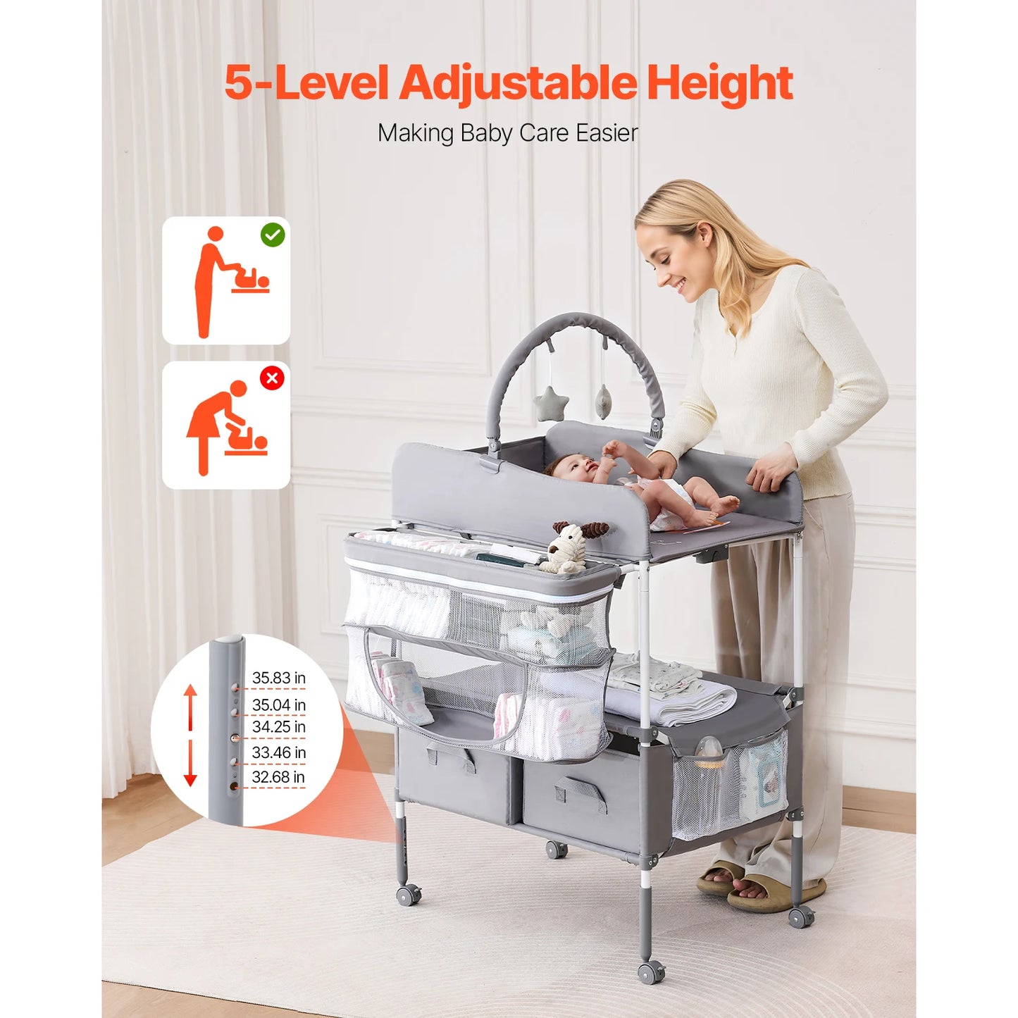 SucceBuy Baby Changing Table Foldable Diaper Change Station with 2 Fabric Drawers Side Basket & Hanging Rod Adjustable Height