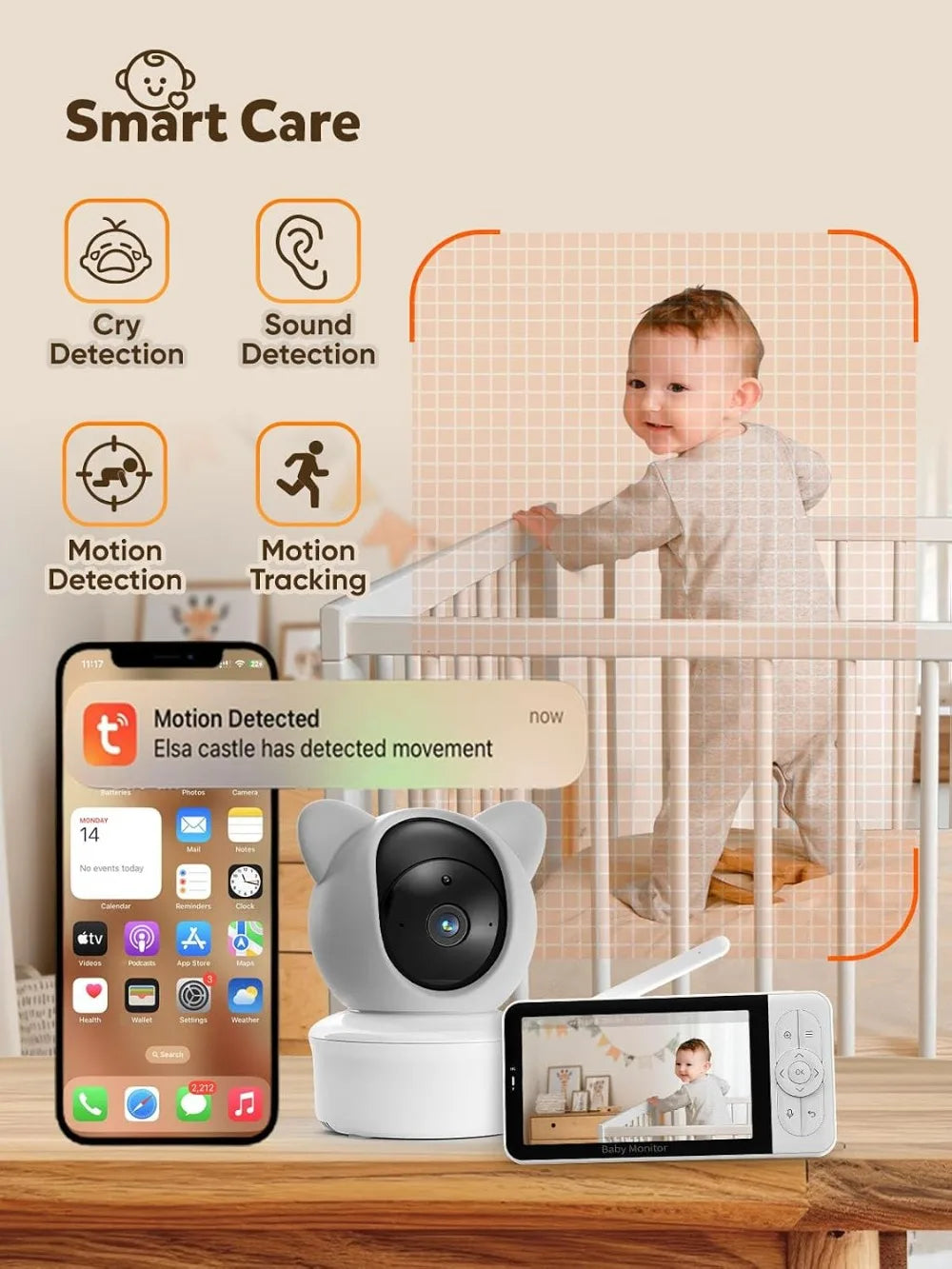 WiFi Baby Monitor with App – 5" HD Monitor & 2K Camera, Night Vision, 2-Way Talk, Motion Tracking, Temp Sensor, Lullabies