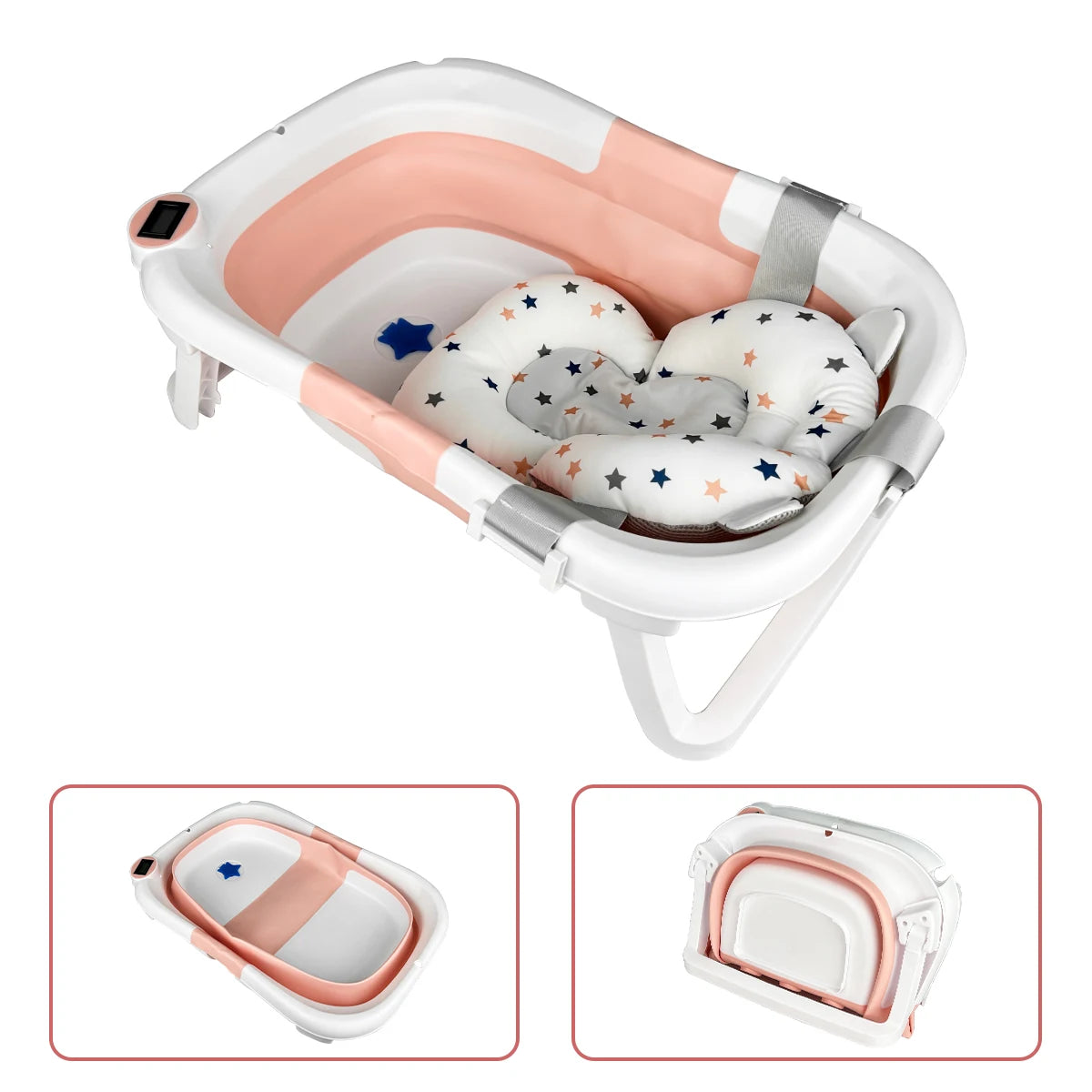 Foldable baby bathtub for home, which can feel the water temperature, with soft bath pad, also can be used portable outdoor