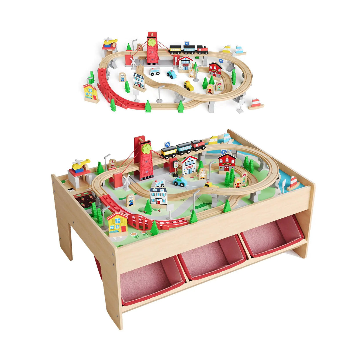 92PCS Wooden Train Table Set For Kids Ages 3+, Toddler Railway Playset With Trains, Tracks, Trees & Under Table Storage Bin
