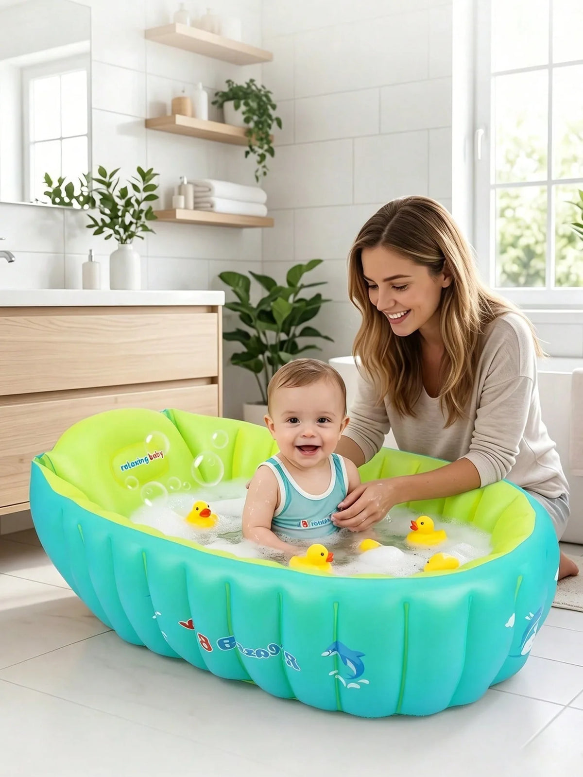 Cute Dolphin Inflatable Non Slip Cushion Support Portable Foldable Baby Bathtub For Toddler Newborn Travel Outdoor Bath Basin With Pump