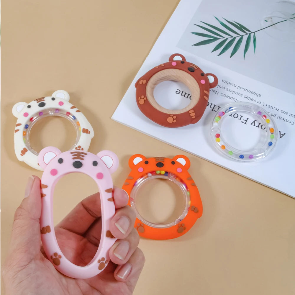 4 Pack Cartoon Tiger Silicone Teething Ring Rattle Reusable BPA Free Food Grade Baby Chew Hand Bell Toy Infant Gum Massage Sensory Toy for Infants