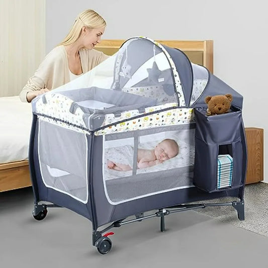 4 in 1 Portable Nursery Center Playard with Bassinet Changing Table Foldable Baby Crib Travel Playpen with Wheels Removable Can