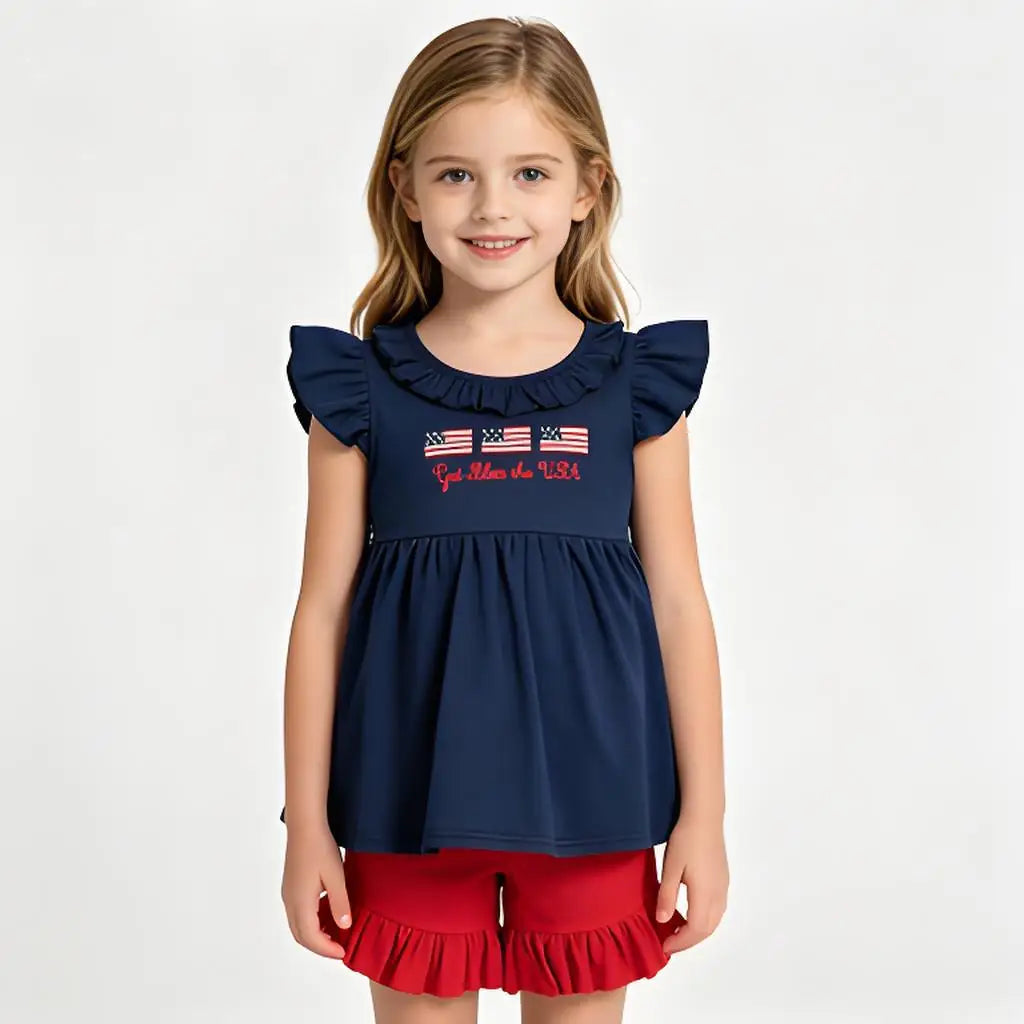 Toddler Girls 2 Piece Summer Outfit Flutter Sleeve Ruffle Tunic Top Solid Shorts Clothes Set
