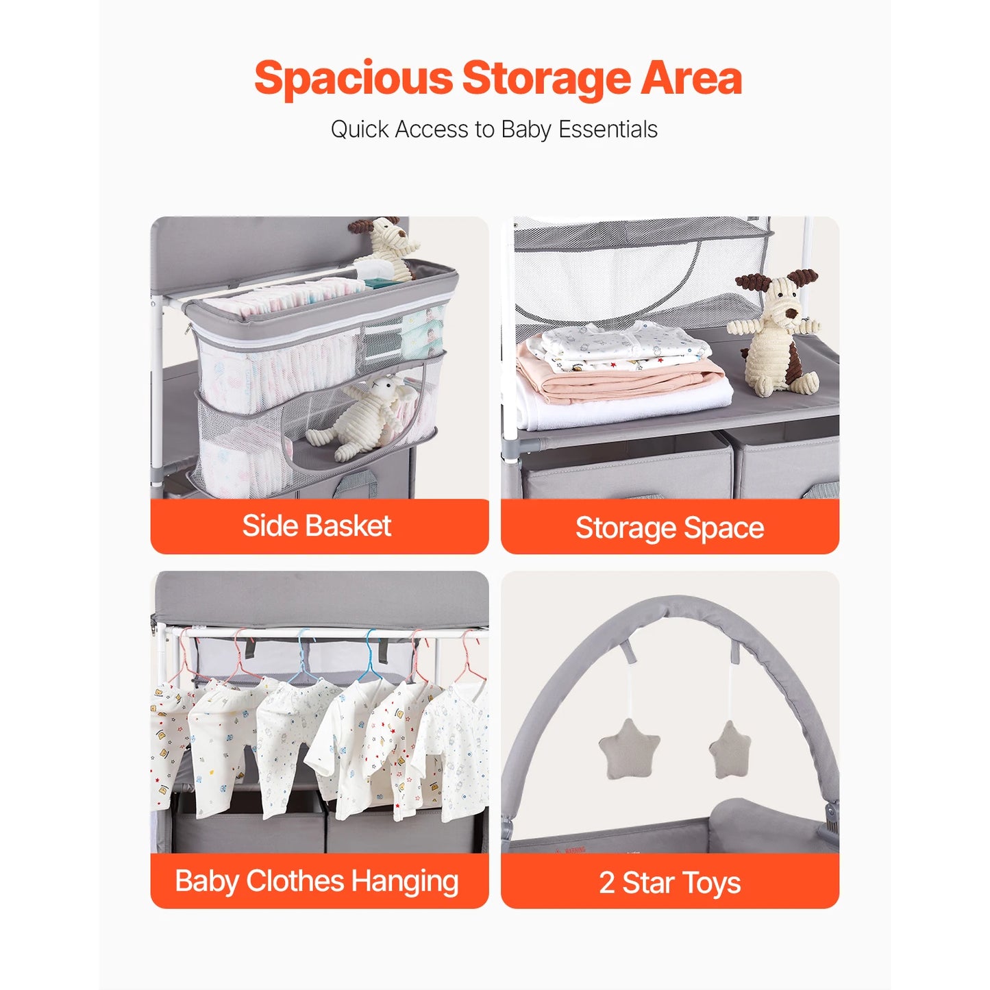 SucceBuy Baby Changing Table Foldable Diaper Change Station with 2 Fabric Drawers Side Basket & Hanging Rod Adjustable Height