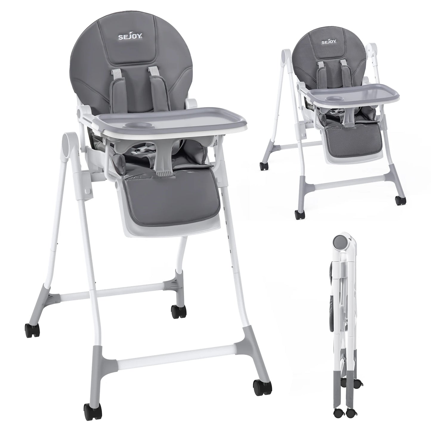 Sejoy Baby High Chair Adjustable with 5-Point Harness 3-Tier Tray & Wheels CE/CPC Certified Children's Dining Chair