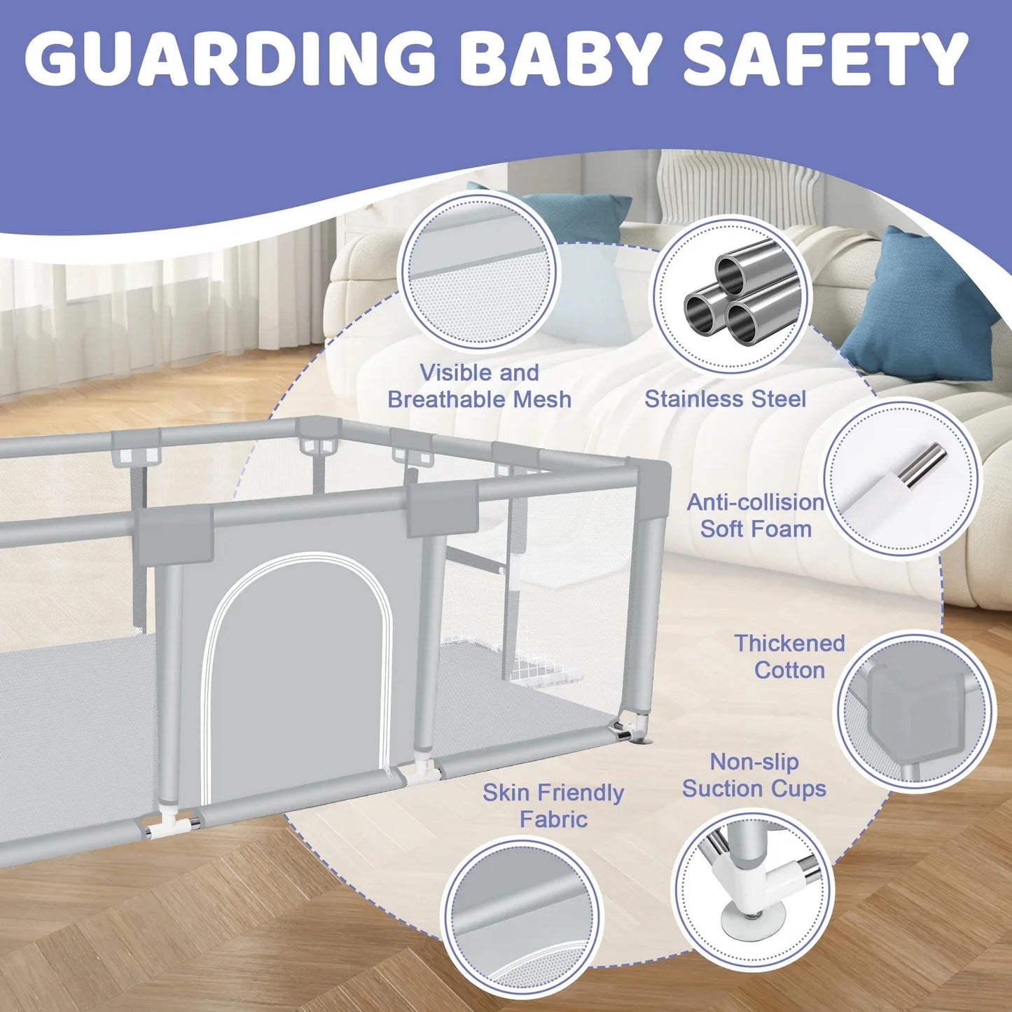 ANGDUO Baby Playpen 71 Inch Large Baby Play Yard With Soft Breathable Mesh Safety Play Fence For Infant And Toddlers Light Grey