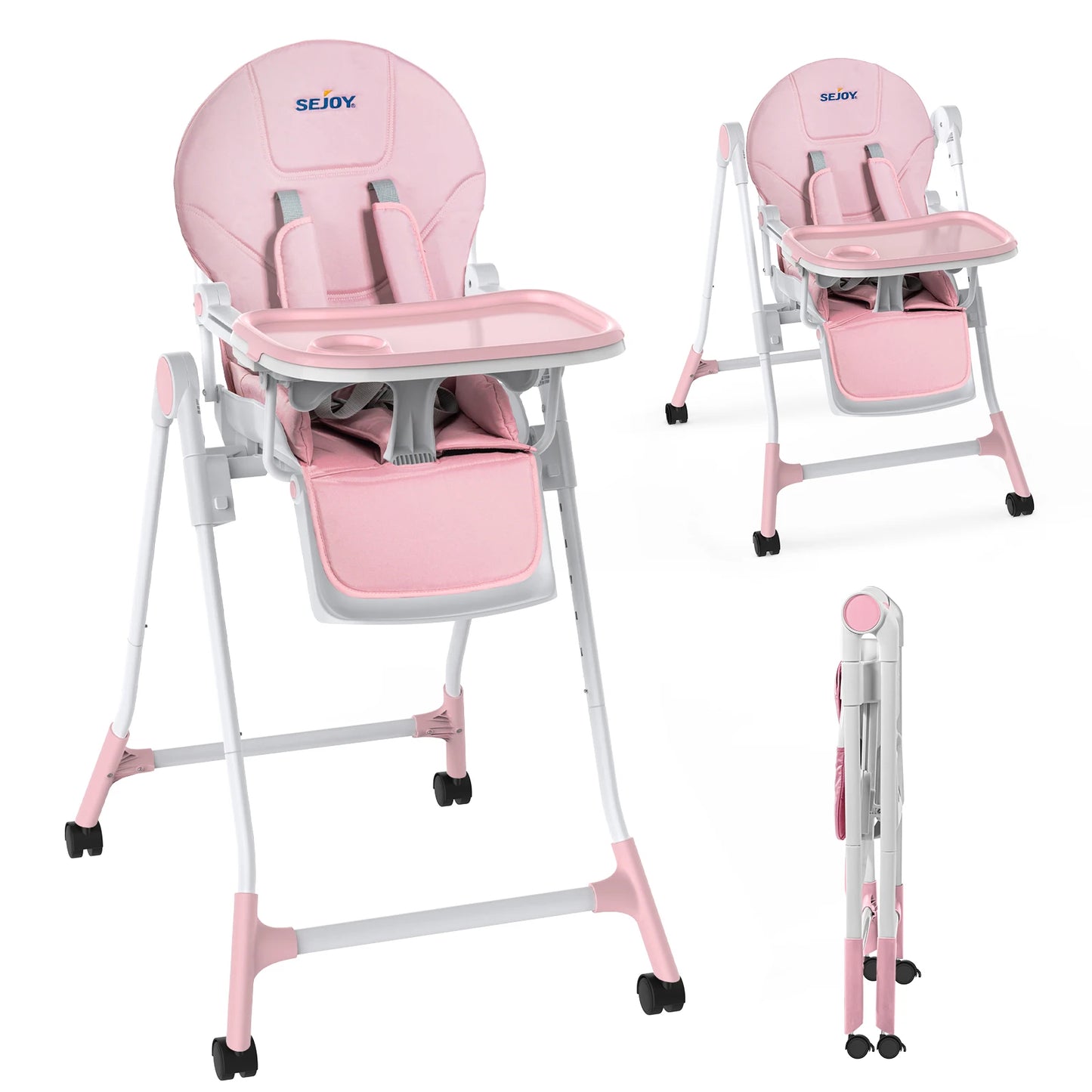 Sejoy Baby High Chair Adjustable with 5-Point Harness 3-Tier Tray & Wheels CE/CPC Certified Children's Dining Chair