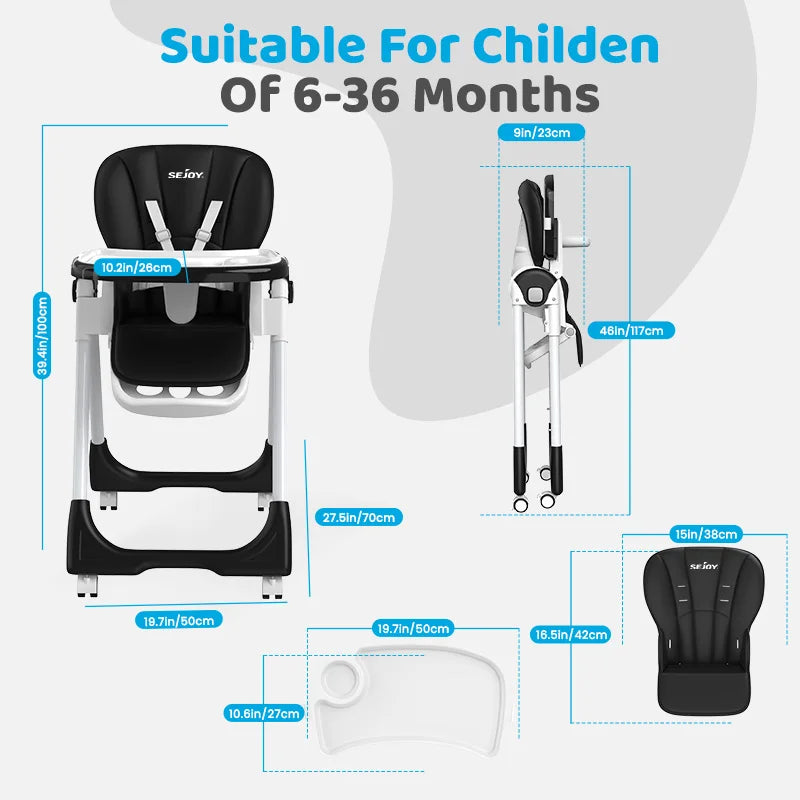 Sejoy Baby High Chair Adjustable with 5-Point Harness 3-Tier Tray & Wheels CE/CPC Certified Children's Dining Chair