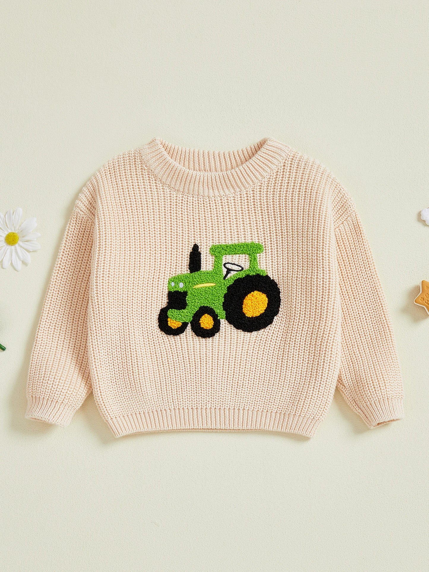 Infant Boy s Cozy Knit Sweater with Adorable Tractor Embroidery Long Sleeve Crew Neck Pullover for Newborns Cute and Casual