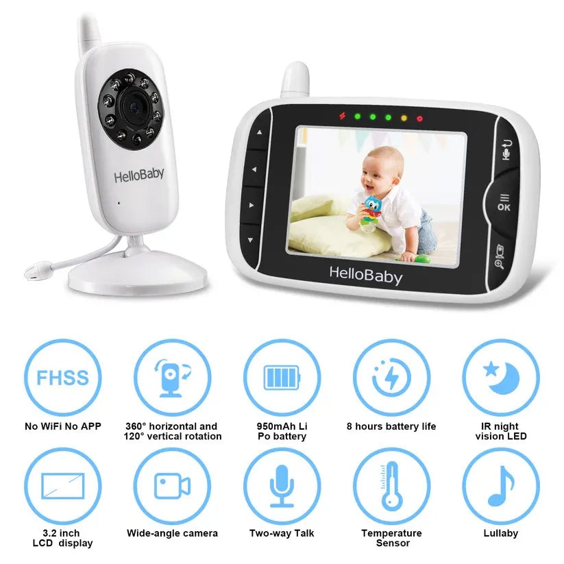 HelloBaby Video Baby Monitor with Camera and Audio, 3.2Inch LCD Display, Infrared Night Vision, Two-Way Audio and Room Temperature Monitoring,Lullaby,Sound Activated Screen