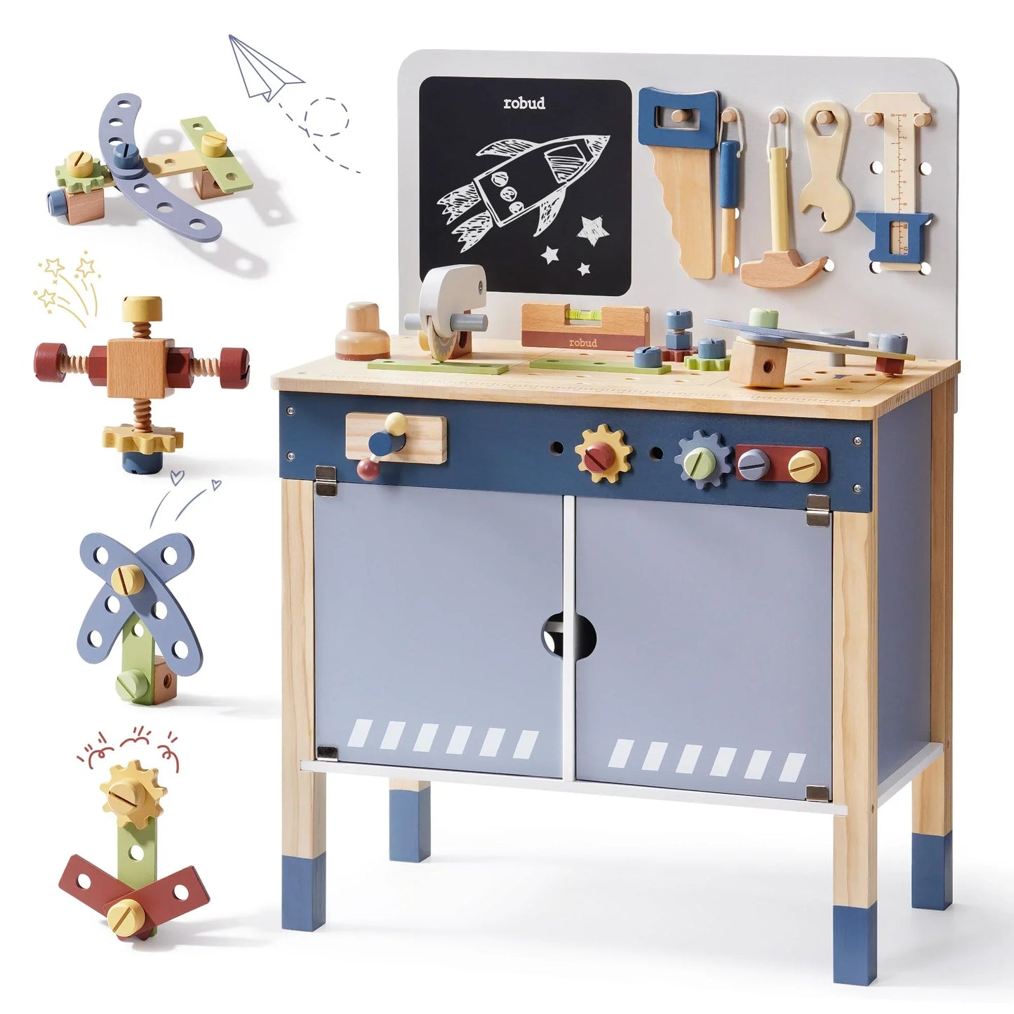 Robotime Robud Wooden Toy Workbench Large Kid's Wooden Play Tool  Pretend Play Creative Building Set Gift for Girls & Boys 3+