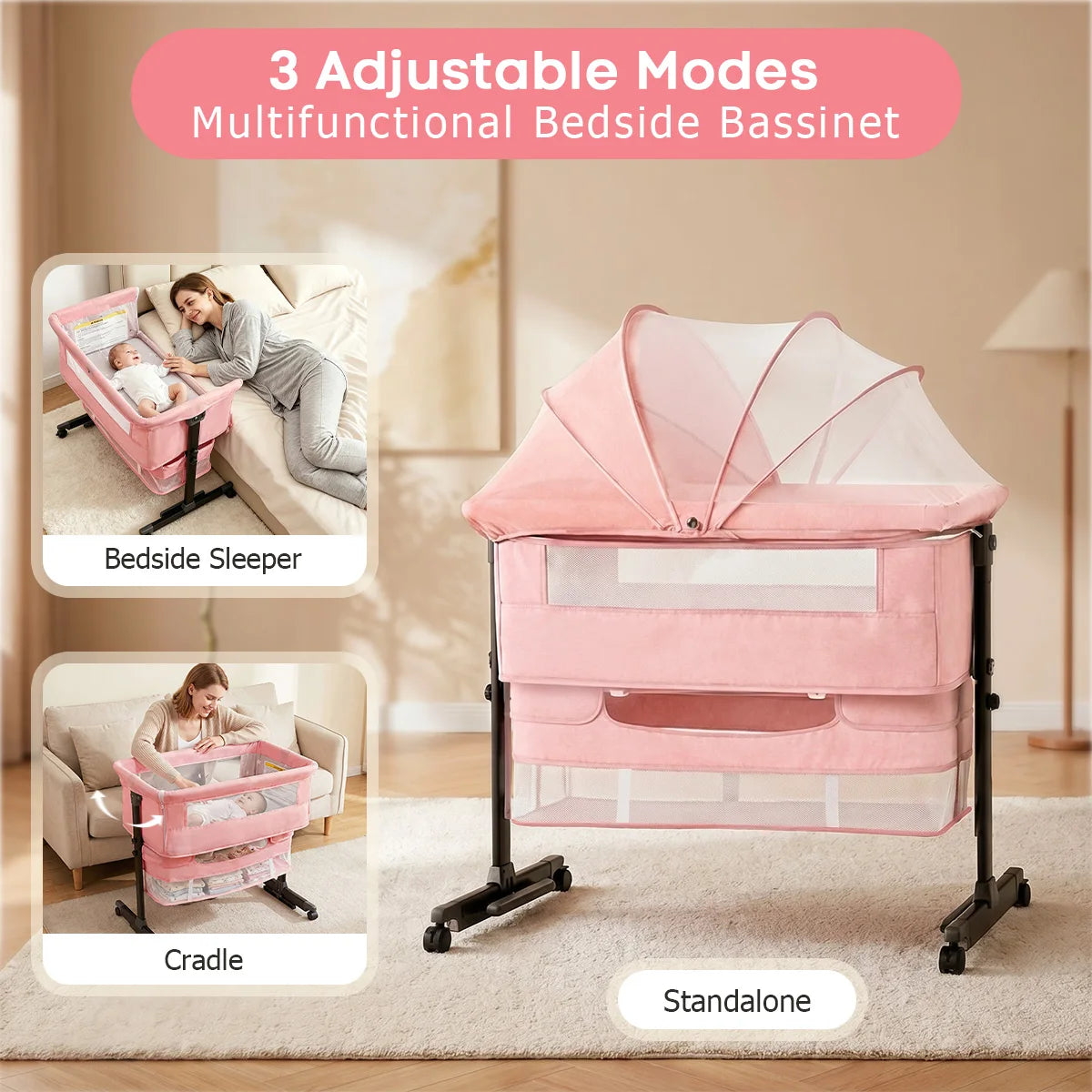 Kmaier Pink Portable Newborn Baby Cot 3 Adjustable Modes, Multifunctional Bedside Sleeper Bassinet, Convertible Cradle