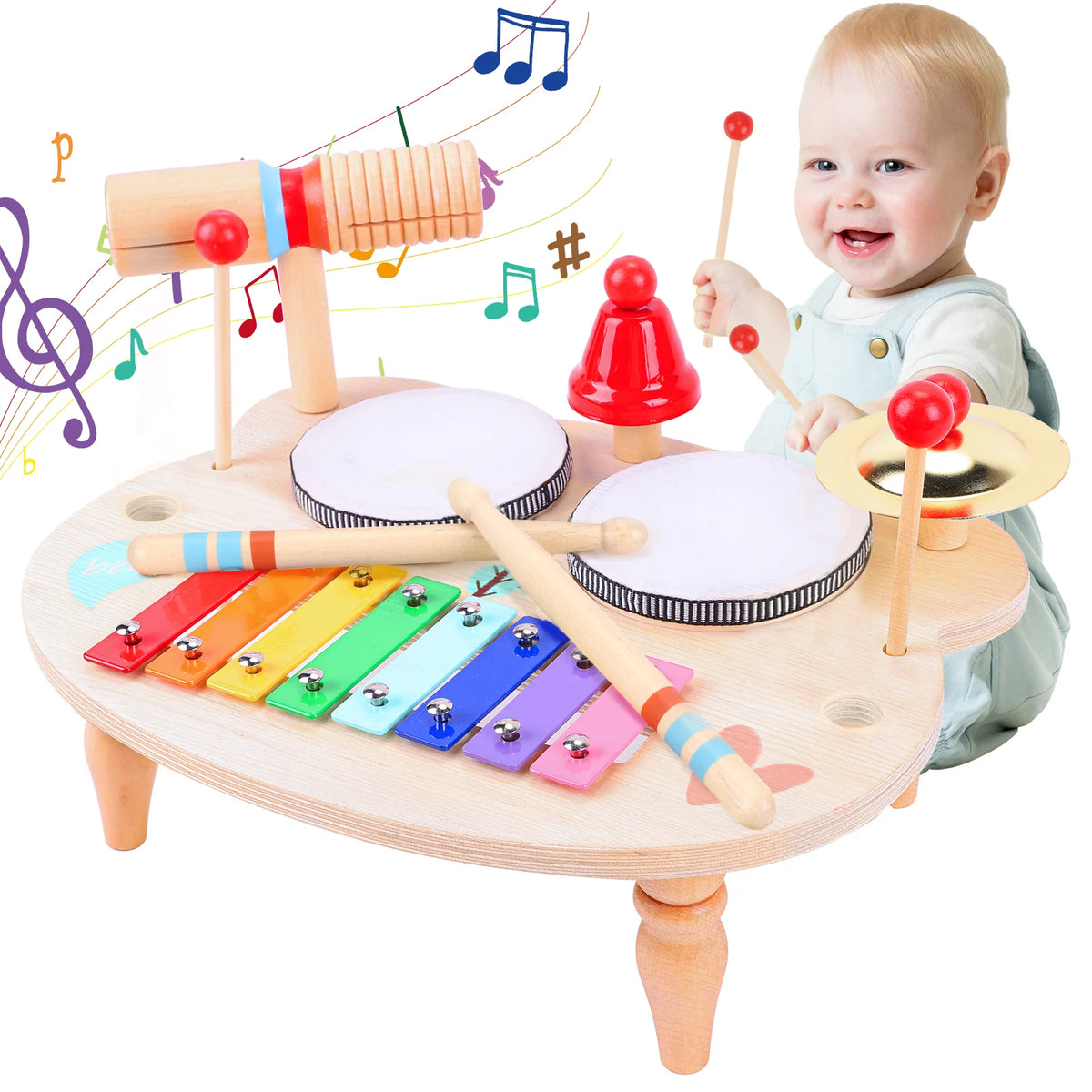 10‑in‑1 Wooden Kids Musical Instrument Table Toddler Percussion Toy Xylophone Drum Bell Cymbal Wood Tone Block Set Montessori Educational Music Play Toy Gift for 1‑4 Years Boys Girls