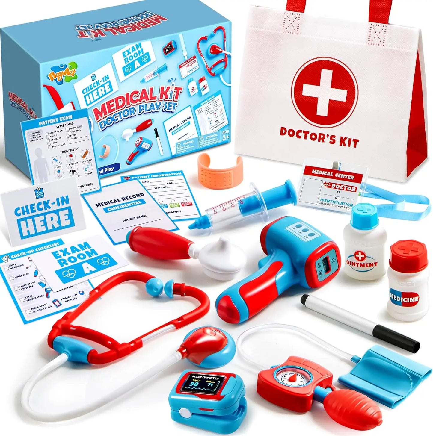 JOYFY Kids Doctor Kit 16Pcs Pretend Play Medical Kit with Realistic Toy Stethoscope Reusable Record Cards for Toddlers Ages 3+