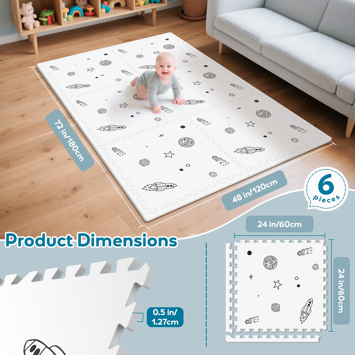 Baby Play Mat, 72x48-Inch Baby Foam Play Mat,6-Piece Interlocking Foam Floor Tiles for Toddlers, Floor Mats for Kids