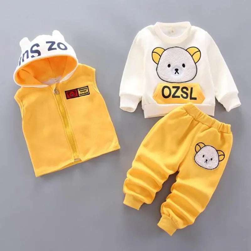 3PCS Baby Boys & Girls Clothing Set – Thicken Fleece Toddler Outfits with Hooded Outerwear, Tops & Pants (Warm Costume Suit)