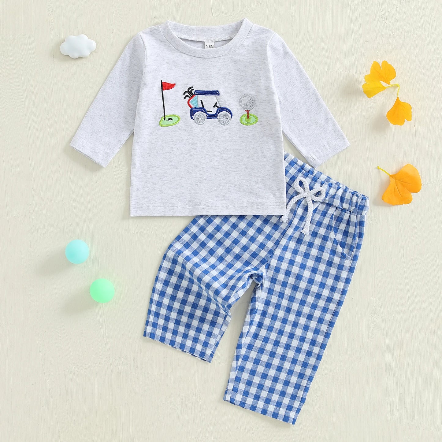 Infant Boy Autumn Outfit Embroidered Golf Long Sleeve Sweater with Round Neck and Plaid Pants with Elastic Waistband