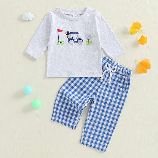 Infant Boy Autumn Outfit Embroidered Golf Long Sleeve Sweater with Round Neck and Plaid Pants with Elastic Waistband