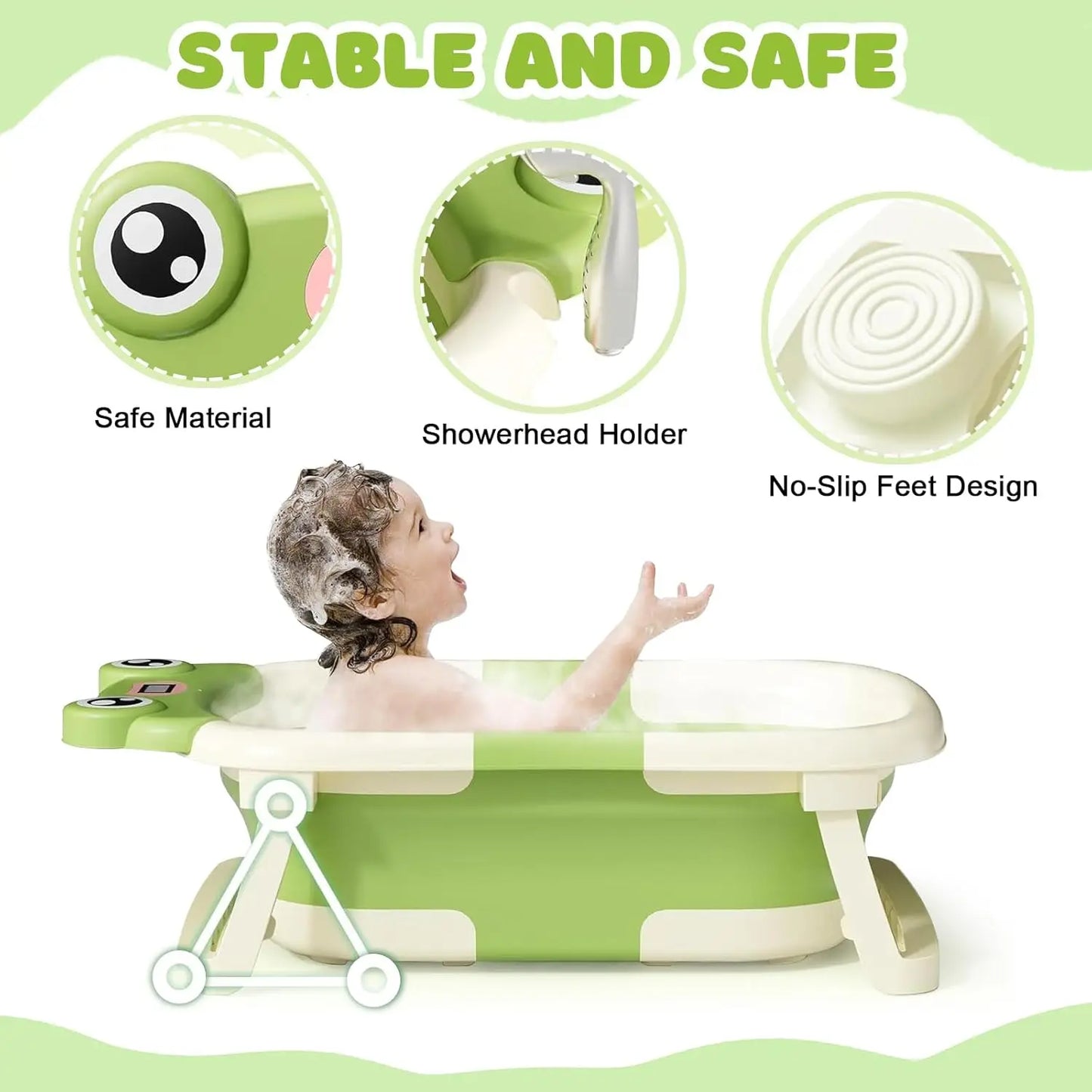 Baby Bath Tub with Bath Cushion Foldable Bathtub with Thermometer Shower Cap Shower Brush for Newborn and Toddler 0-36 Months