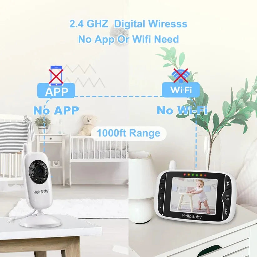 HelloBaby Video Baby Monitor with Camera and Audio, 3.2Inch LCD Display, Infrared Night Vision, Two-Way Audio and Room Temperature Monitoring,Lullaby,Sound Activated Screen