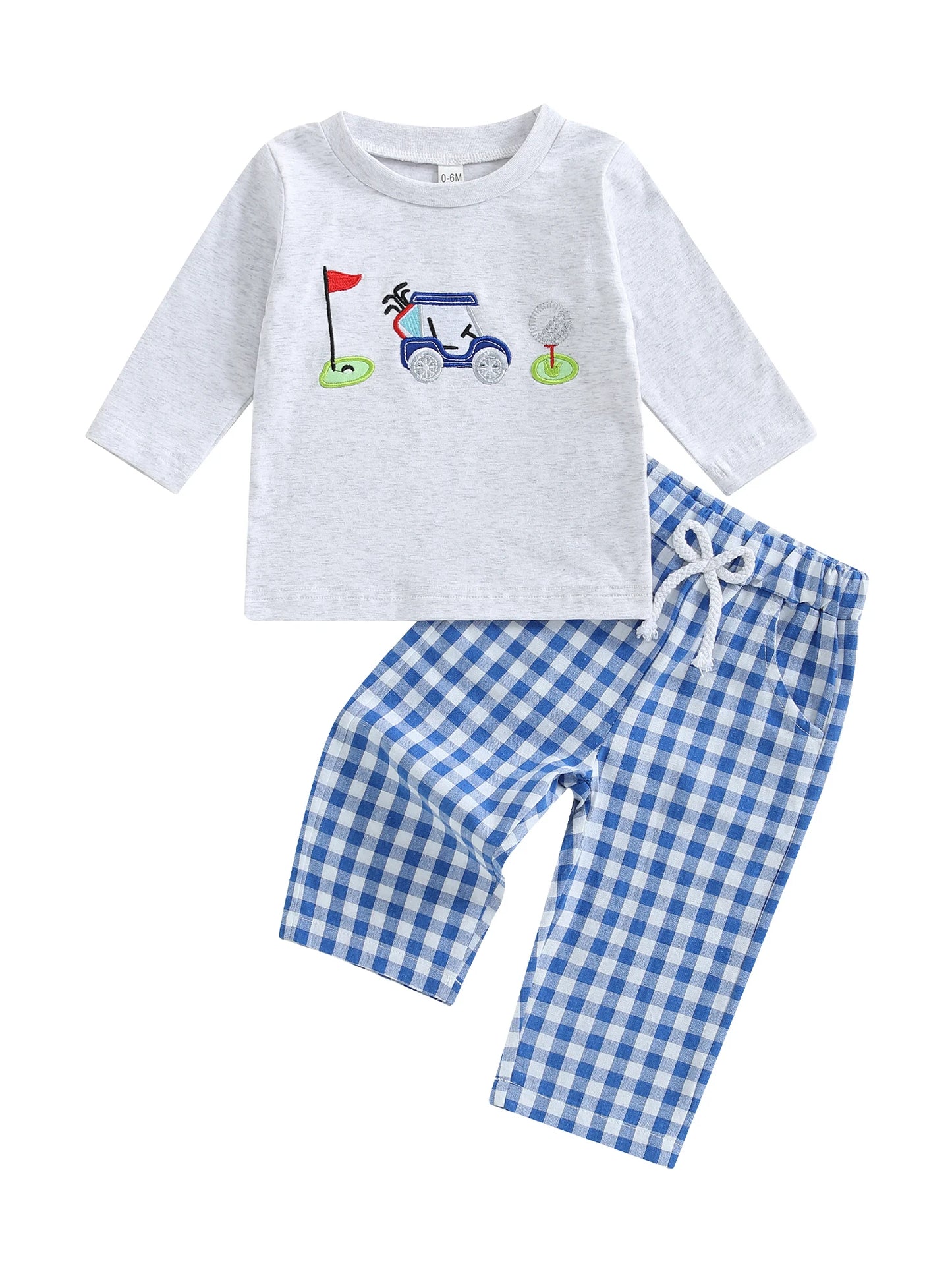 Infant Boy Autumn Outfit Embroidered Golf Long Sleeve Sweater with Round Neck and Plaid Pants with Elastic Waistband