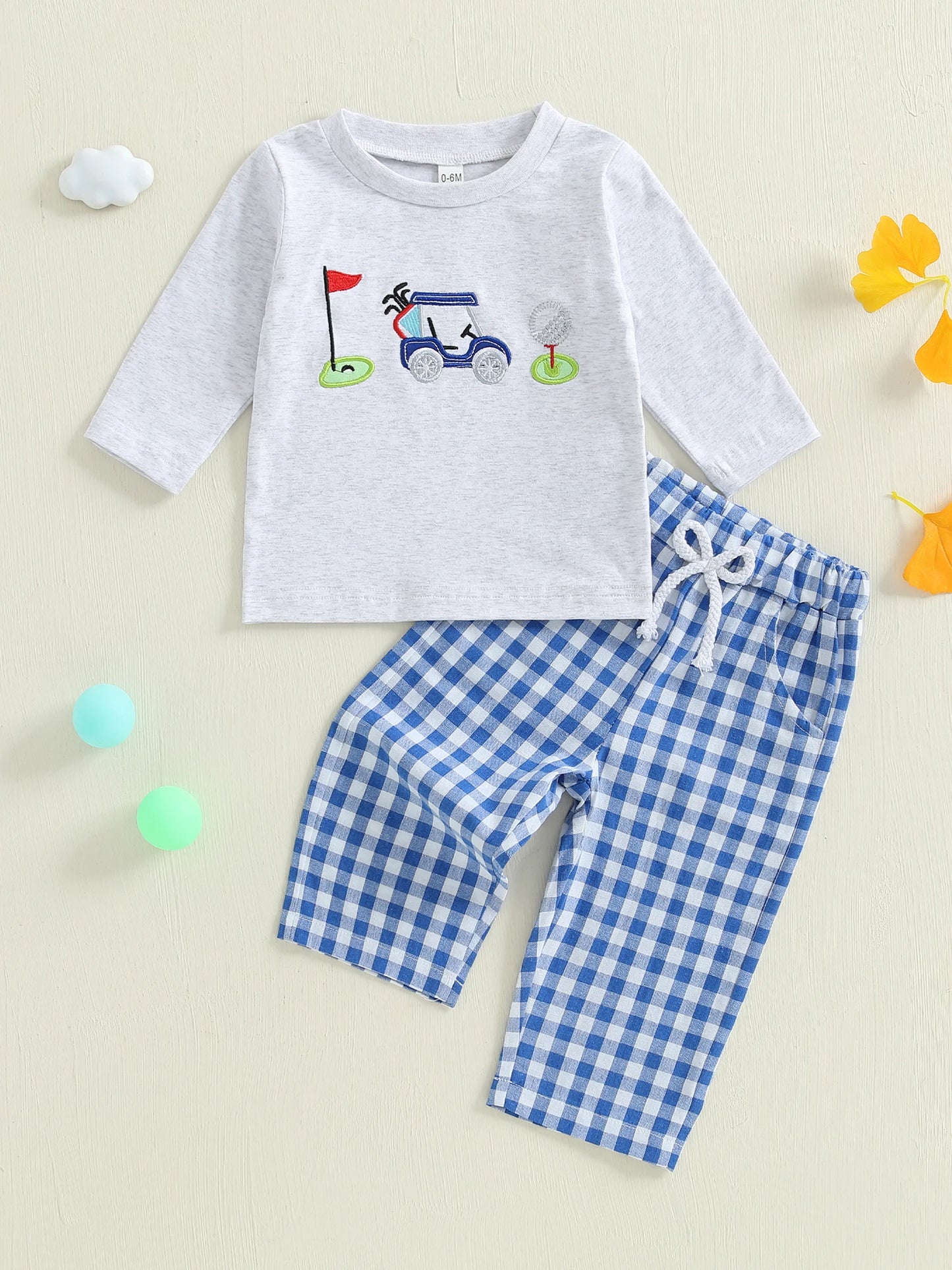 Infant Boy Autumn Outfit Embroidered Golf Long Sleeve Sweater with Round Neck and Plaid Pants with Elastic Waistband