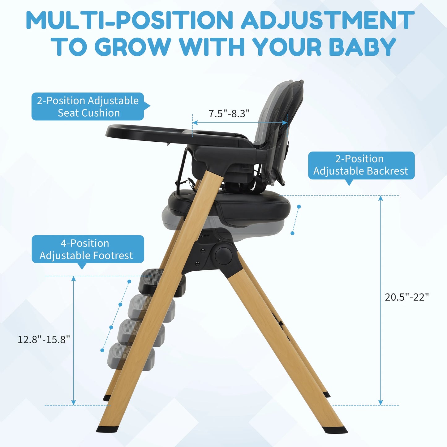 Baby High Chair for Babies Toddlers, Foldable Portable Highchair, Toddler Feeding Seat, Easy Clean Waterproof Cushion, Removable Tray, Adjustable Footrest, Black Wood Grain Legs