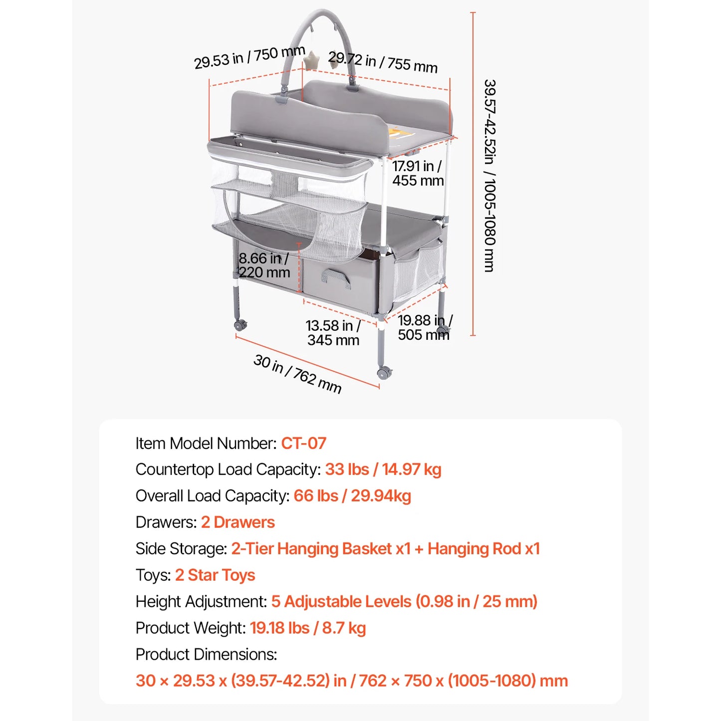 SucceBuy Baby Changing Table Foldable Diaper Change Station with 2 Fabric Drawers Side Basket & Hanging Rod Adjustable Height