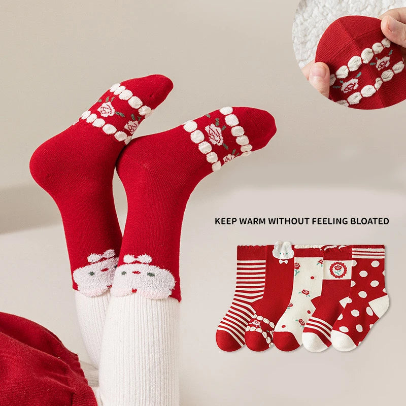 5 Pairs Warm Children Girls Mid-calf Socks Festivial Celebration Red Color Lucky Symbol FLoral Rabbits Comfortable Soft Soks