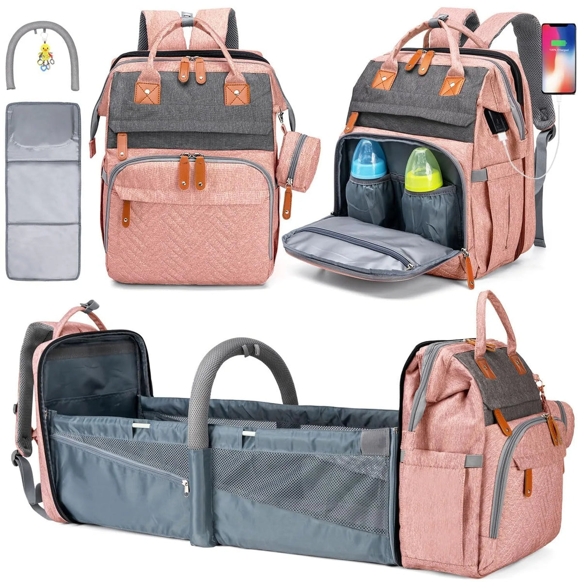 Diaper Bag Folding Bed, Multi-purpose Changing Bag with Carrier And Insulated Bottle Pocket, Diaper Backpack for Boys And Girls, Gift for Mom And Dad