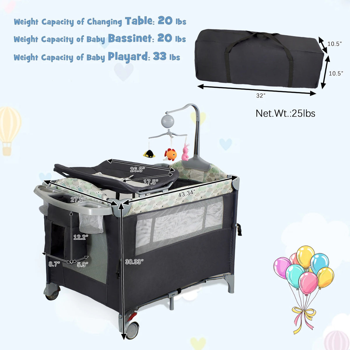 Steanny Pack N Play, Playard with Bassinet, Bedside Pack and Play, Baby Travel Bassinet, Fodle Playpen with Wheels