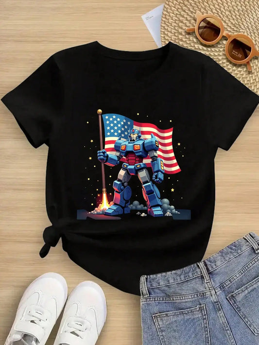 Tween Girls/Boys Clothes, Patriotic Cotton T-Shirt, Black Tee With Robot And American Flag, Perfect For Independence Day