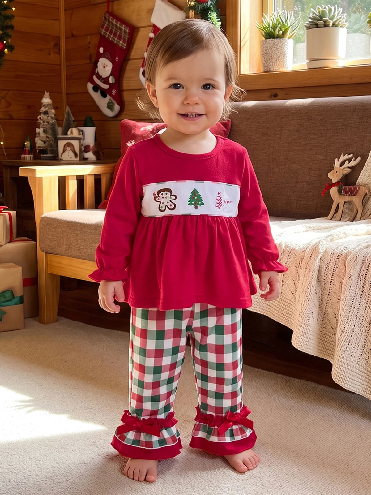 Toddler Baby Outfit Pants Christmas-Outfit Long Long Sleeve Christmas Plaid Lightweight Toddler Baby Outfit