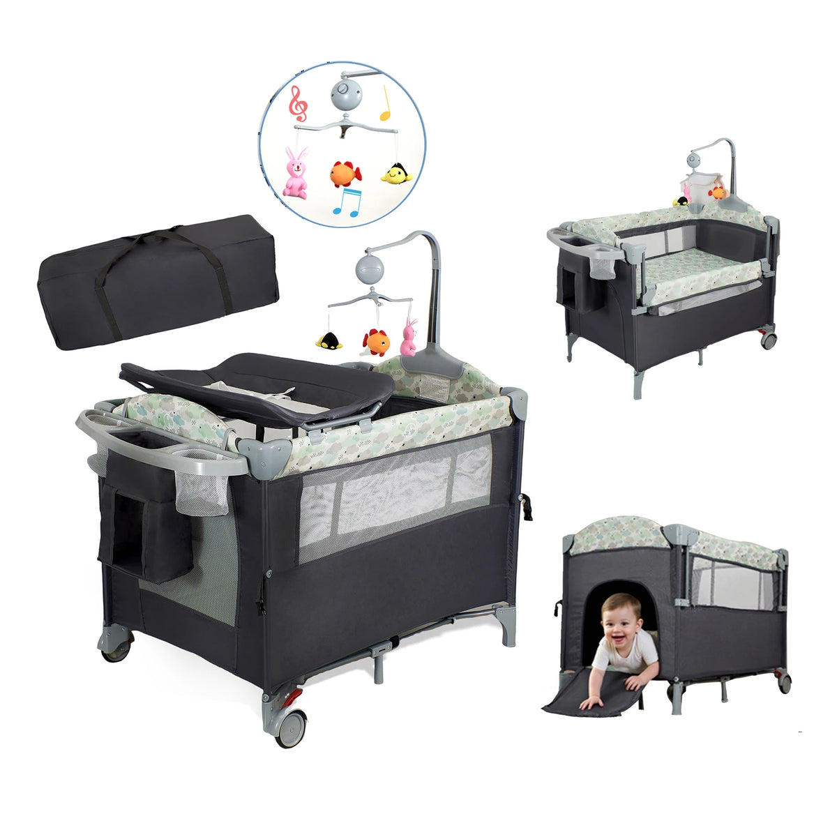 Steanny Pack N Play, Playard with Bassinet, Bedside Pack and Play, Baby Travel Bassinet, Fodle Playpen with Wheels