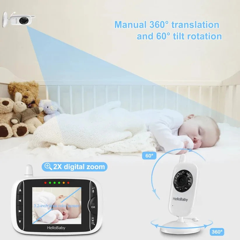 HelloBaby Video Baby Monitor with Camera and Audio, 3.2Inch LCD Display, Infrared Night Vision, Two-Way Audio and Room Temperature Monitoring,Lullaby,Sound Activated Screen