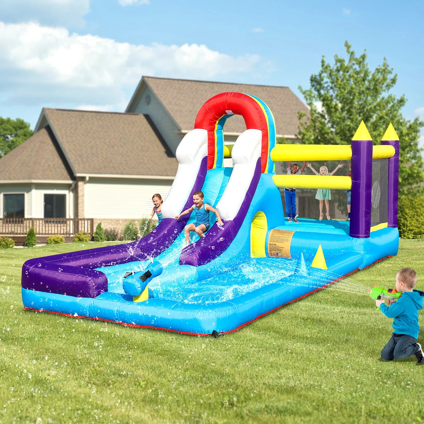 23FT Inflatable Water Slide with Splash Pool, Outdoor  Water Park Slide, Heavy Duty Bounce House with Climbing Wall & Water Spray for Summer Party Family Fun