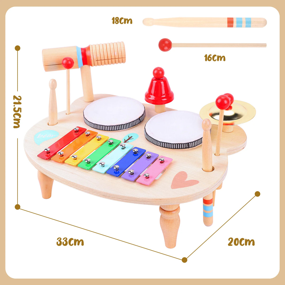 10‑in‑1 Wooden Kids Musical Instrument Table Toddler Percussion Toy Xylophone Drum Bell Cymbal Wood Tone Block Set Montessori Educational Music Play Toy Gift for 1‑4 Years Boys Girls