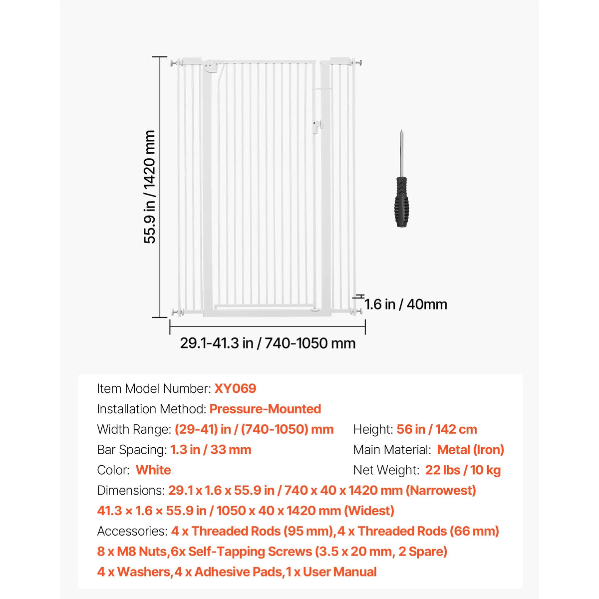 SucceBuy Baby Gate for Stairs Adjustable Width No Bottom Bar One-Handed Operation Easy Drilling Installation with Hardware Kit