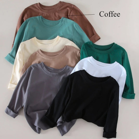 2-10Years Kids Base Shirt 2025 Spring Children's Cotton Girls' and Boys' Candy Color Long Sleeve Children's Round Neck T-shirt