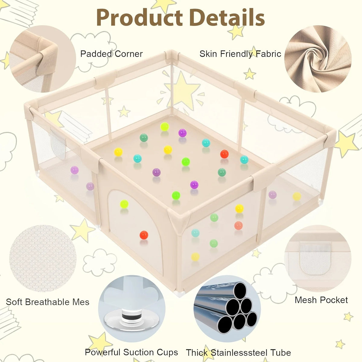47X47 Inch Baby Playpen with 2 Handles, Toddler Play Yard with Soft And Breathable Mesh And Zipper Door, 27 Inch Height