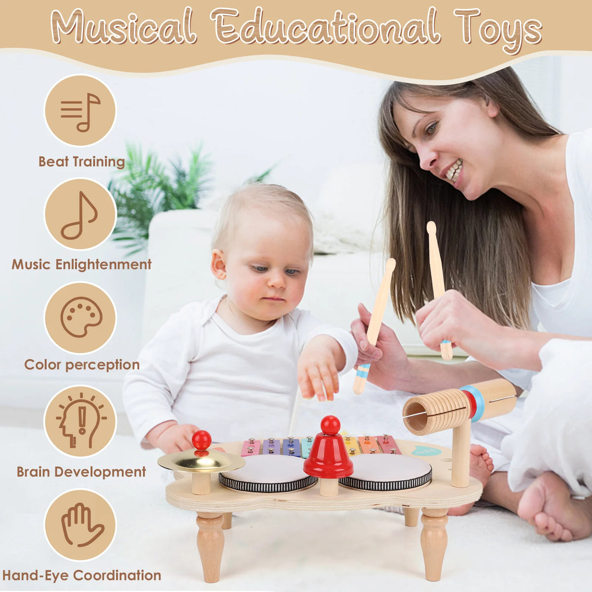 10‑in‑1 Wooden Kids Musical Instrument Table Toddler Percussion Toy Xylophone Drum Bell Cymbal Wood Tone Block Set Montessori Educational Music Play Toy Gift for 1‑4 Years Boys Girls